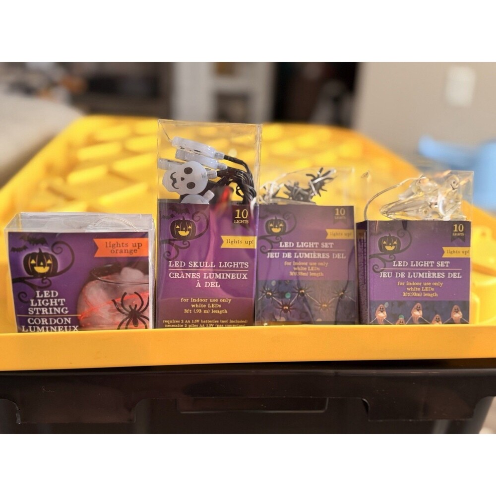 Lot Of 4 Halloween Battery Powered LED Light Sets Ghost, Skulls, Spider, &cordon